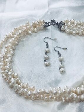 Elegant Triple Strand Pearl Necklace & Earrings—Mother’s Day gift, Prom, Wedding